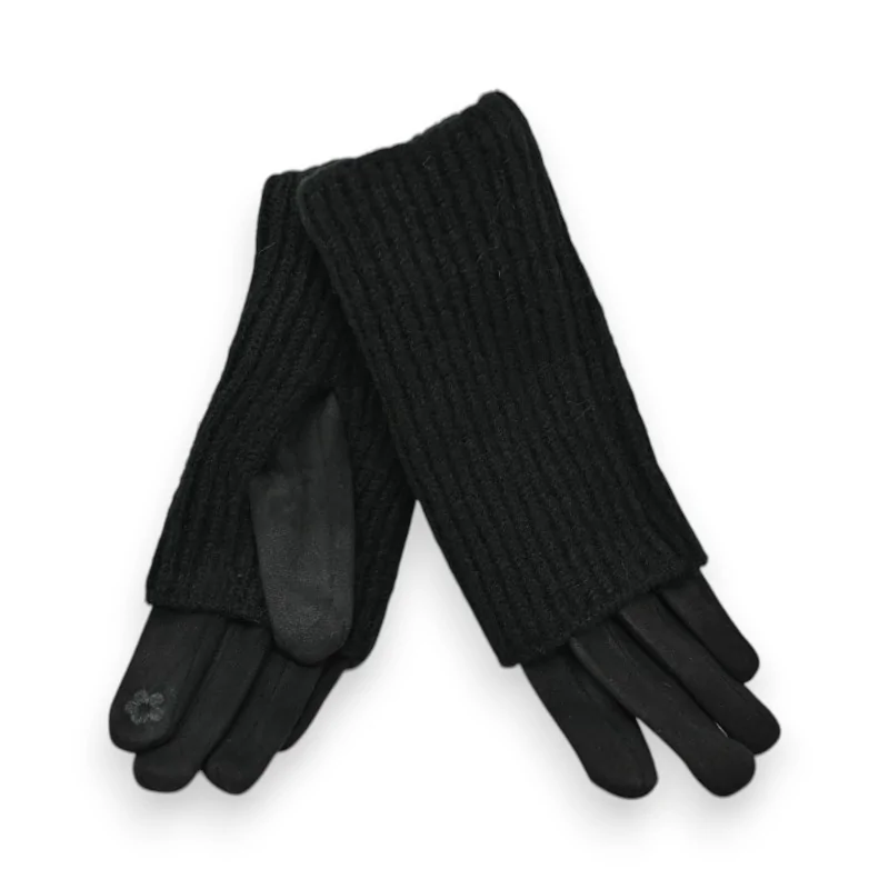 Schwarze 2-in-1 Handschuhe aus Wildlederimitat und Strick