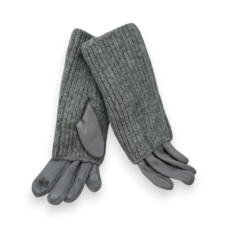 Suede and knit fingerless gloves Grey