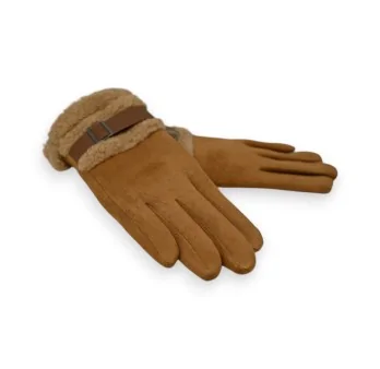 Warm camel suede gloves with faux fur lining