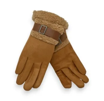 Warme Handschuhe aus Wildlederimitat in Camel mit Plüschfutter