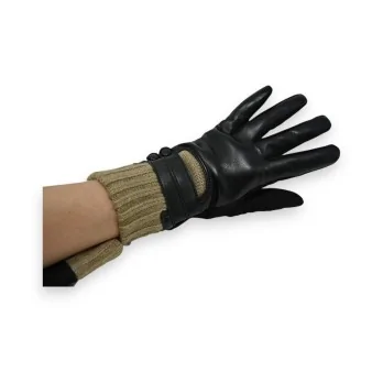 Guantes elegantes de 3 materiales en negro y topo