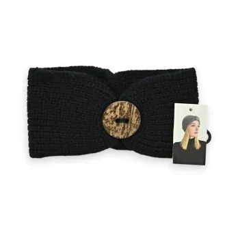 Winter knit headband in black with wooden button