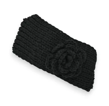 Bandeau d'hiver en tricot noir avec fleur