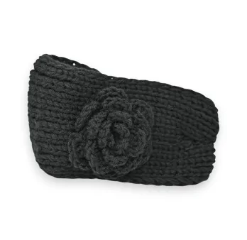 Winter headband in black knit with flower