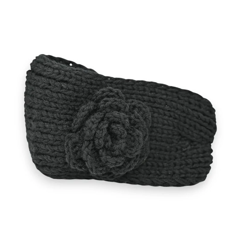 Bandeau d'hiver en tricot noir avec fleur