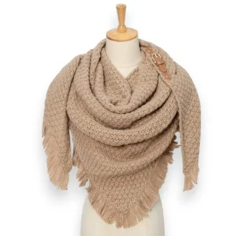 Beige knitted triangle scarf with fringes