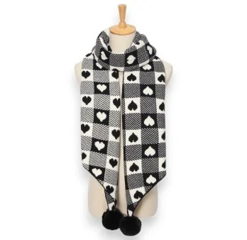 Asymmetric scarf with black and white plaid and hearts pattern