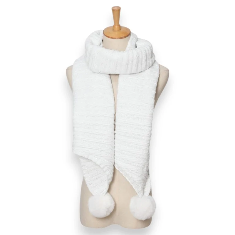 Asymmetrical white knit scarf with pom-poms