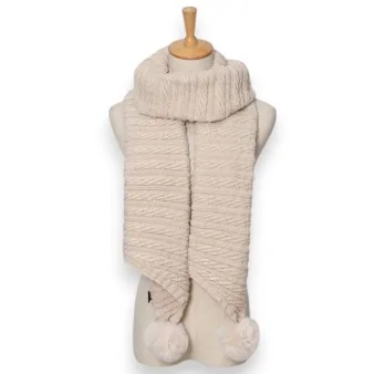 Asymmetric beige knit scarf with pom-poms