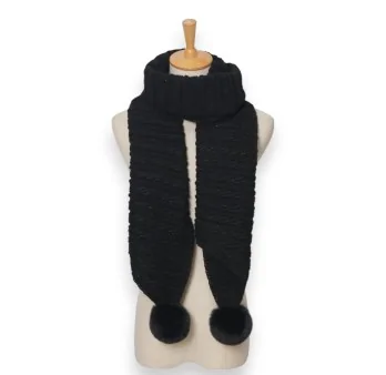 Asymmetrical black knit scarf with pompoms