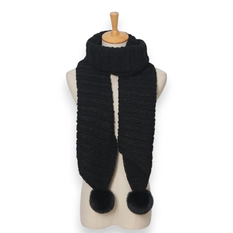 Asymmetrical black knit scarf with pompoms