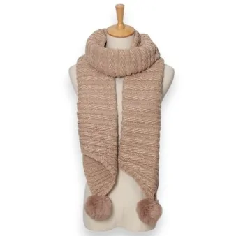 Asymmetric knit scarf in taupe with pom-poms