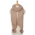 Asymmetric knit scarf in taupe with pom-poms