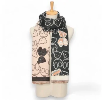 Bufanda reversible con osito vintage en negro y beige