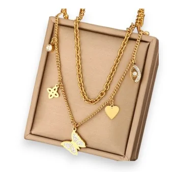 Collar de acero dorado Butterfly Charm Doble Hilera