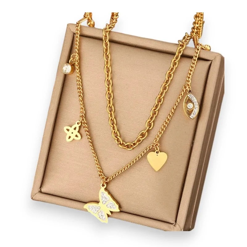 Collar de acero dorado Butterfly Charm Doble Hilera