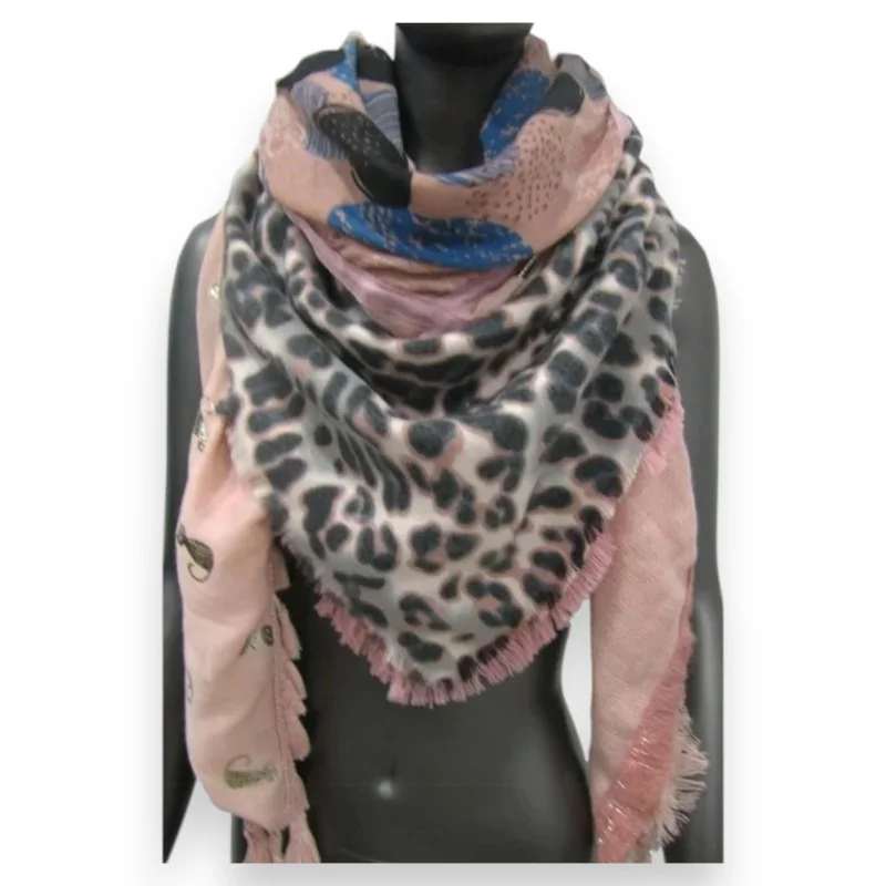 Bufanda Cuadrada Patchwork 4 en 1 Leopardo Rosa