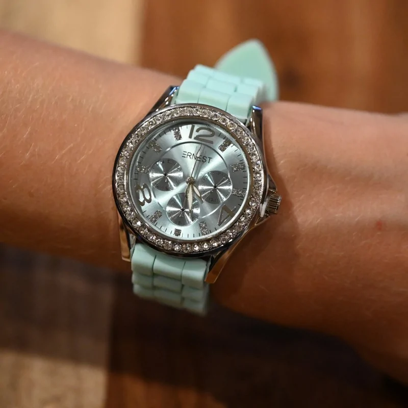 Ernest's Water Green Silicone Watch with Rhinestone Dial