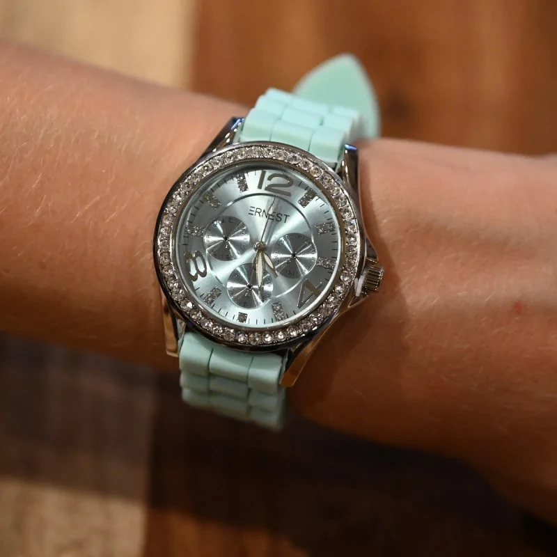 Orologio Ernest in silicone verde acqua con quadrante tempestato di strass