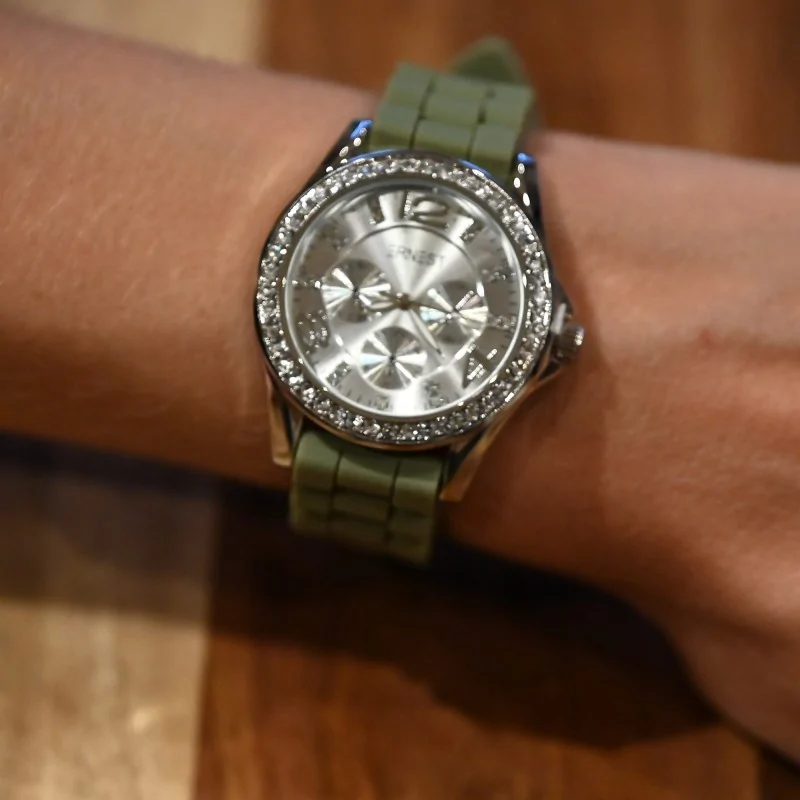 Ernest's Silicone Khaki Watch with Rhinestones Dial