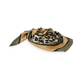 Foulard Quadrato Leopardato Satinato Beige Cammello