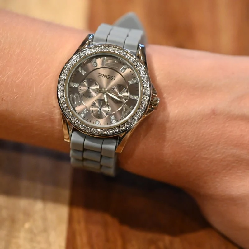 Ernest-Armbanduhr aus Silikon in Dunkelgrau mit Strass Zifferblatt