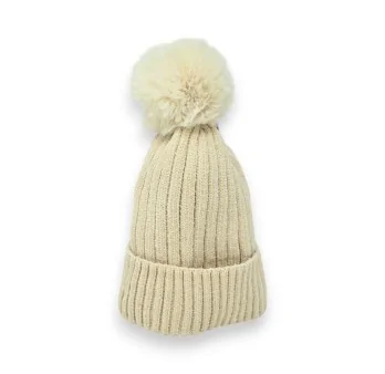 Beige Corduroy Beanie with Pom-Pom