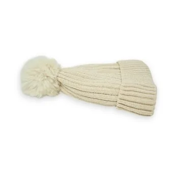 Beige Corduroy Beanie with Pom-Pom