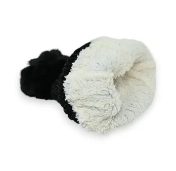 Ribbed Velvet Black Beanie Lined with Fleece and Pompom