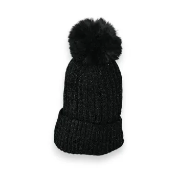 Ribbed Velvet Black Beanie Lined with Fleece and Pompom