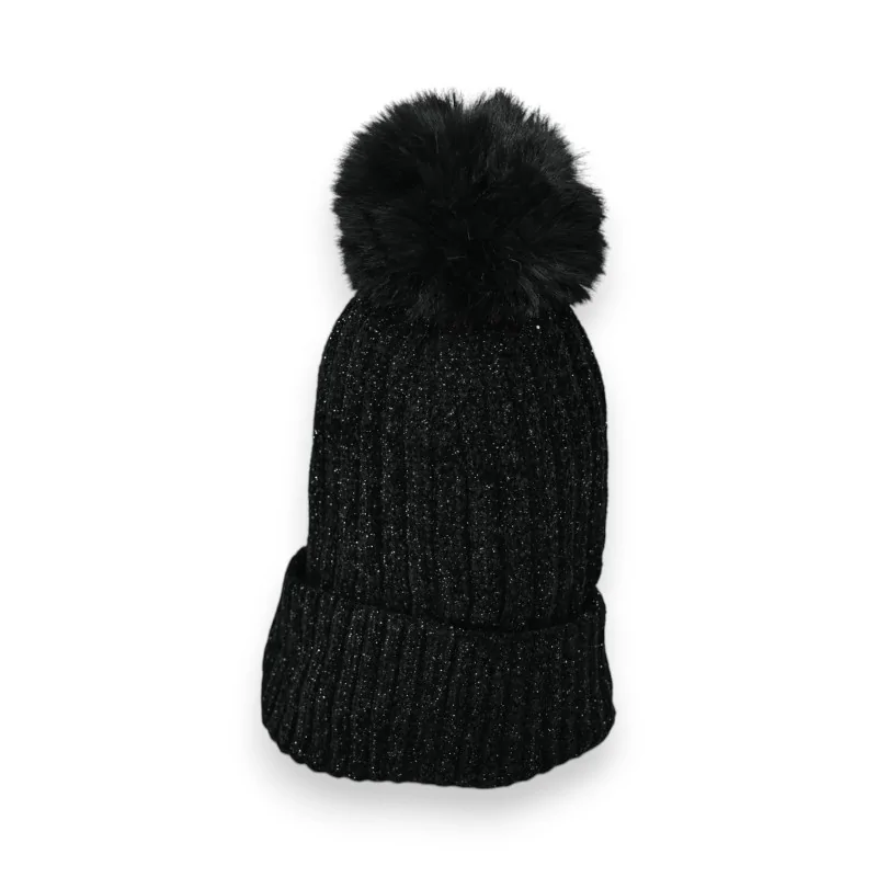 Ribbed Velvet Black Beanie Lined with Fleece and Pompom