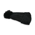 Ribbed Velvet Black Beanie Lined with Fleece and Pompom