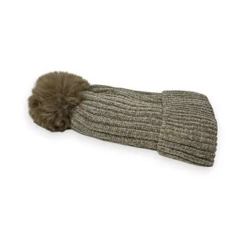 Taupe Corduroy Beanie Lined with Fleece and Pom-Pom