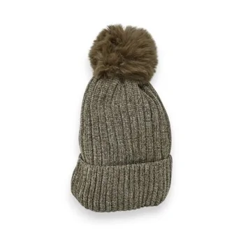 Gorro de Pana Acanalada Beige Forrado de Felpa con Pompón