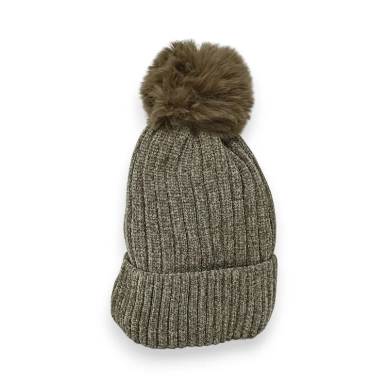 Gorro de Pana Acanalada Beige Forrado de Felpa con Pompón