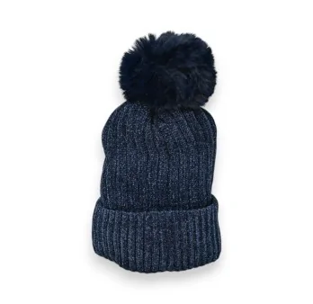 Ribbed Velvet Navy Beanie Lined with Fleece and Pom-Pom