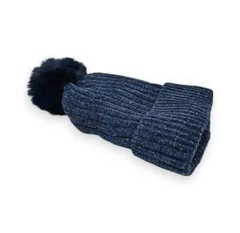 Ribbed Velvet Navy Beanie Lined with Fleece and Pom-Pom