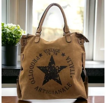 Borsa in tessuto di tela Vintage Star Cammello