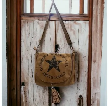 Camel fabric crossbody bag with star