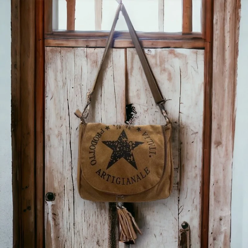 Camel fabric crossbody bag with star