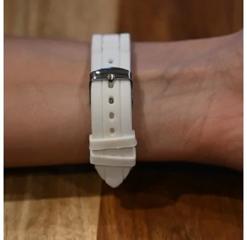 Ernest's white silicone watch with a rhinestone dial