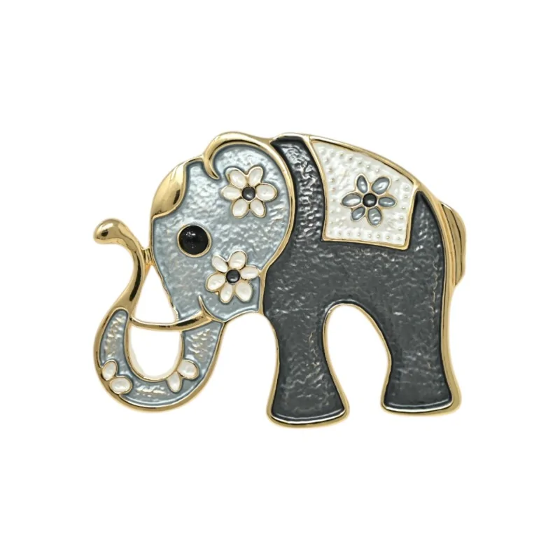 Two-Tone Grey Floral Elephant Magnetic Brooch