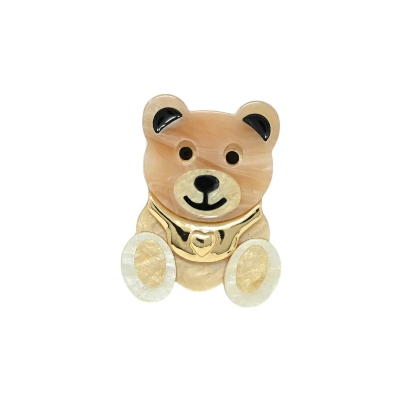 Beige and Gold Resin Teddy Bear Magnetic Brooch