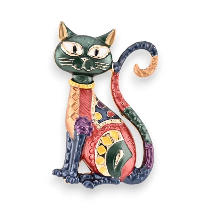 Spilla Gatto Smaltata Dipinta A Mano – Fermaglio Per Giacca, Vestito, Fazzoletto, Con Astuccio, Regalo Artigianale