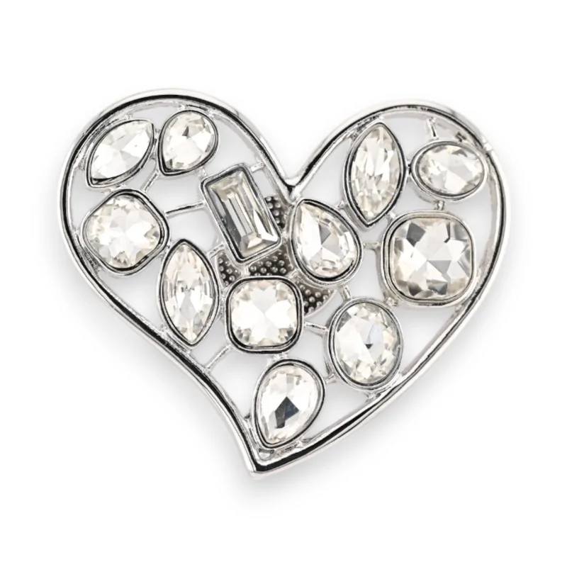 Silver Magnetic Heart Brooch with Sparkling White Stones