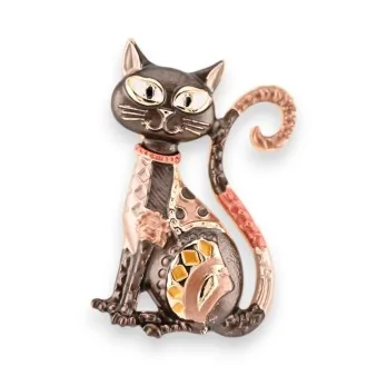 Magnetic Brooch Art Deco Brown Golden Cat