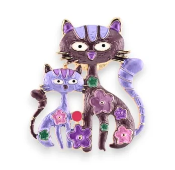 Magnetic Brooch Floral Cats Duo Purple