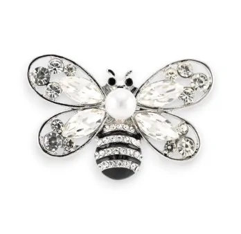 Silver Bee Magnetic Brooch with Rhinestones and Pearl