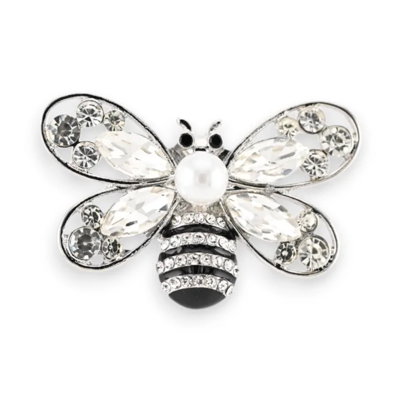 Silver Bee Magnetic Brooch with Rhinestones and Pearl