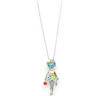 Collier fantaisie argenté Chaton Rétro Coloré